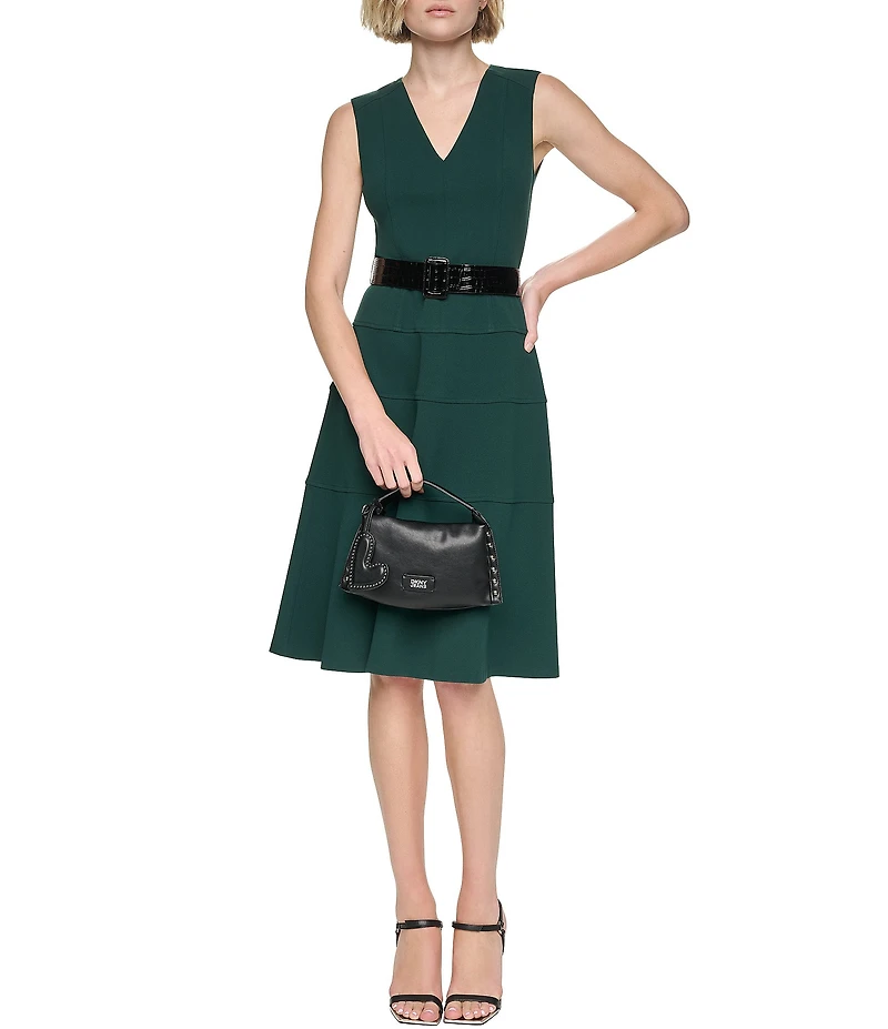 DKNY By Donna Karan Scuba Crepe Sleeveless V Neck Tiered Skirt Fit And Flare Dress