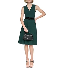 DKNY By Donna Karan Scuba Crepe Sleeveless V Neck Tiered Skirt Fit And Flare Dress