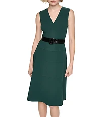 DKNY By Donna Karan Scuba Crepe Sleeveless V Neck Tiered Skirt Fit And Flare Dress