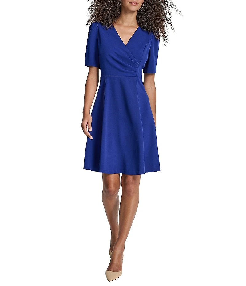 DKNY by Donna Karan Scuba Crepe Surplice Neck Short Sleeve Dress