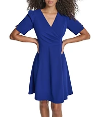 DKNY by Donna Karan Scuba Crepe Surplice Neck Short Sleeve Dress