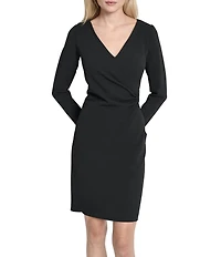 DKNY By Donna Karan Scuba Crepe V-Neck Long Sleeve Faux Wrap Dress