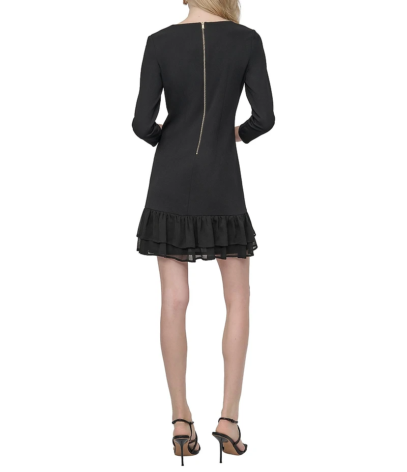 DKNY by Donna Karan Scuba Crepe V-Neck Long Sleeve Ruffle Hem Sheath Silhouette