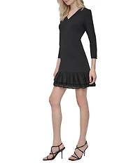 DKNY by Donna Karan Scuba Crepe V-Neck Long Sleeve Ruffle Hem Sheath Silhouette