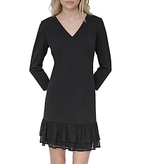DKNY by Donna Karan Scuba Crepe V-Neck Long Sleeve Ruffle Hem Sheath Silhouette