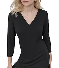 DKNY by Donna Karan Scuba Crepe V-Neck Long Sleeve Ruffle Hem Sheath Silhouette