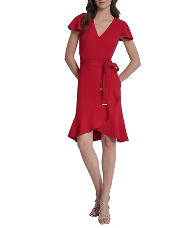 DKNY by Donna Karan Scuba Crepe V-Neck Short Flutter Sleeve Belted Faux Wrap Dress