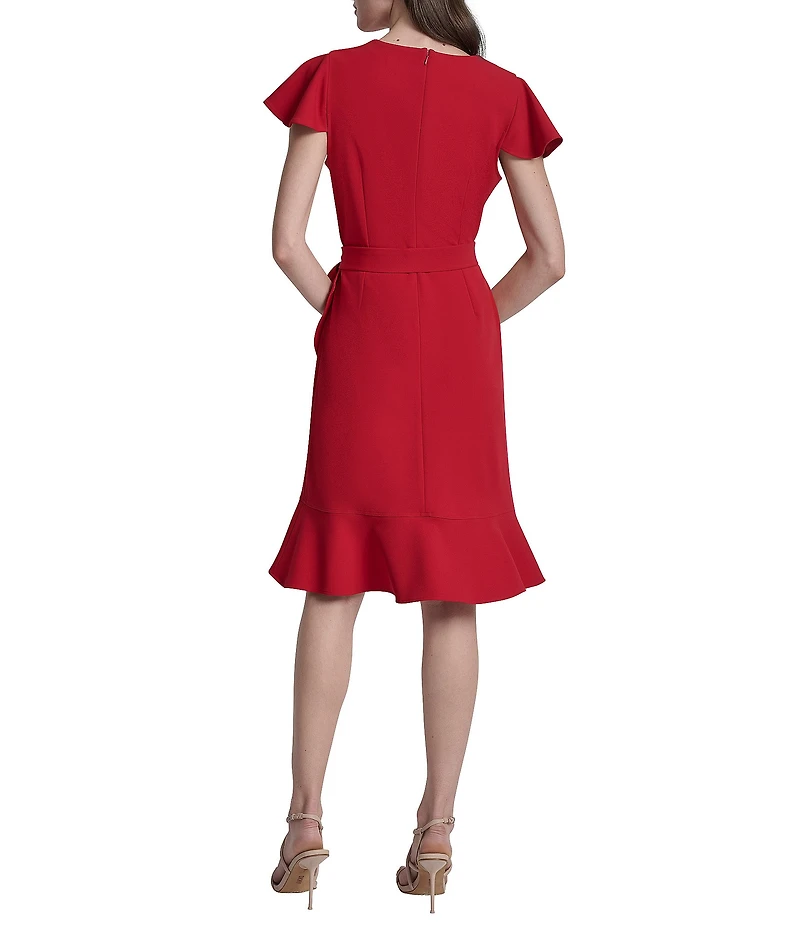 DKNY by Donna Karan Scuba Crepe V-Neck Short Flutter Sleeve Belted Faux Wrap Dress