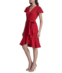 DKNY by Donna Karan Scuba Crepe V-Neck Short Flutter Sleeve Belted Faux Wrap Dress
