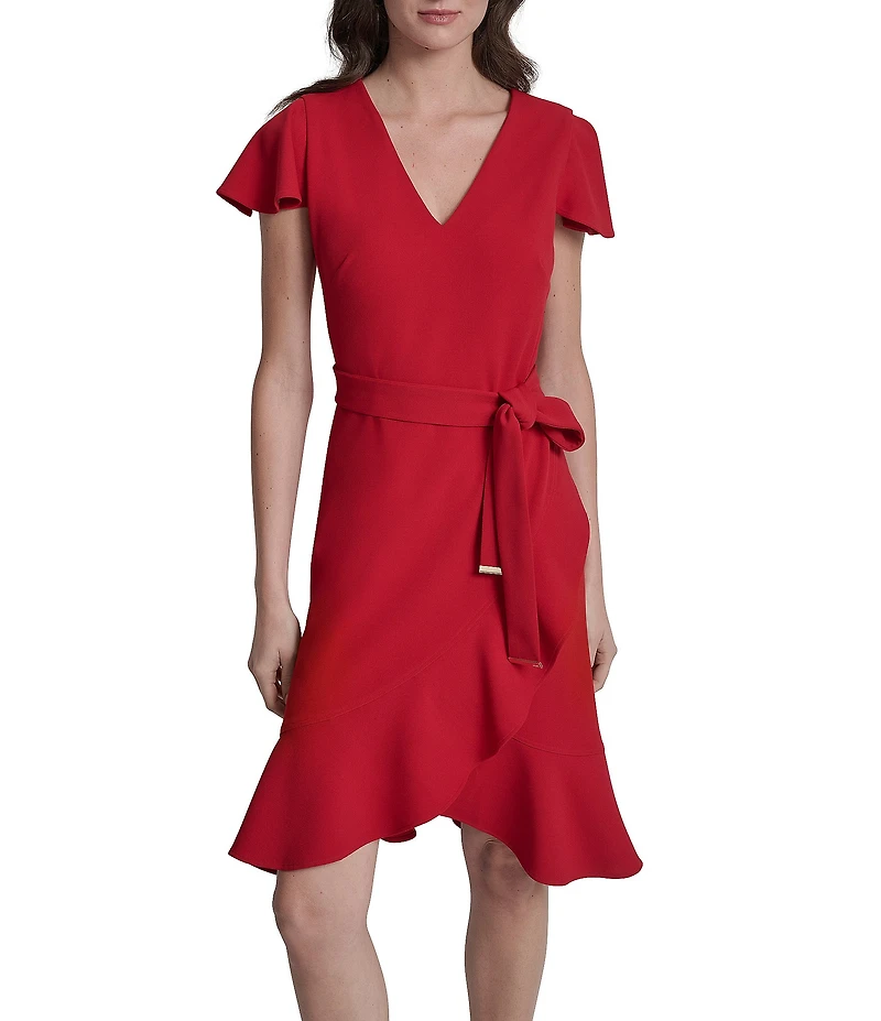 DKNY by Donna Karan Scuba Crepe V-Neck Short Flutter Sleeve Belted Faux Wrap Dress