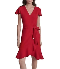 DKNY by Donna Karan Scuba Crepe V-Neck Short Flutter Sleeve Belted Faux Wrap Dress