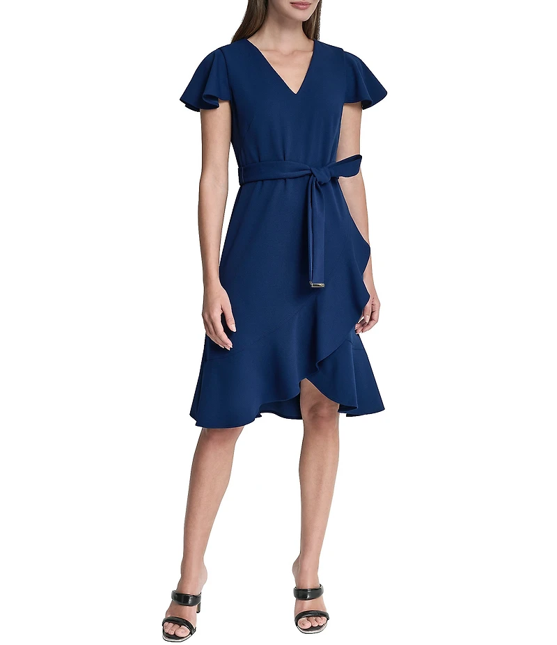 DKNY by Donna Karan Scuba Crepe V-Neck Short Flutter Sleeve Belted Faux Wrap Dress