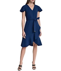 DKNY by Donna Karan Scuba Crepe V-Neck Short Flutter Sleeve Belted Faux Wrap Dress