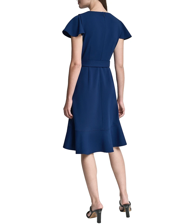 DKNY by Donna Karan Scuba Crepe V-Neck Short Flutter Sleeve Belted Faux Wrap Dress