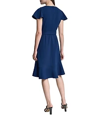 DKNY by Donna Karan Scuba Crepe V-Neck Short Flutter Sleeve Belted Faux Wrap Dress