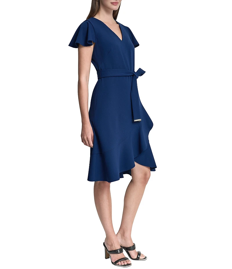 DKNY by Donna Karan Scuba Crepe V-Neck Short Flutter Sleeve Belted Faux Wrap Dress