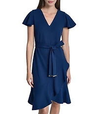 DKNY by Donna Karan Scuba Crepe V-Neck Short Flutter Sleeve Belted Faux Wrap Dress