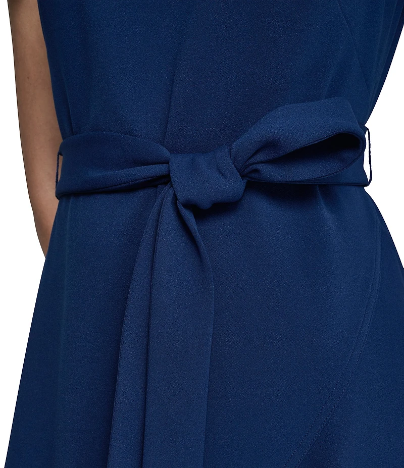DKNY by Donna Karan Scuba Crepe V-Neck Short Flutter Sleeve Belted Faux Wrap Dress