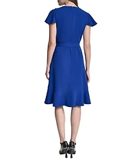 DKNY by Donna Karan Scuba Crepe V-Neck Short Flutter Sleeve Belted Faux Wrap Dress