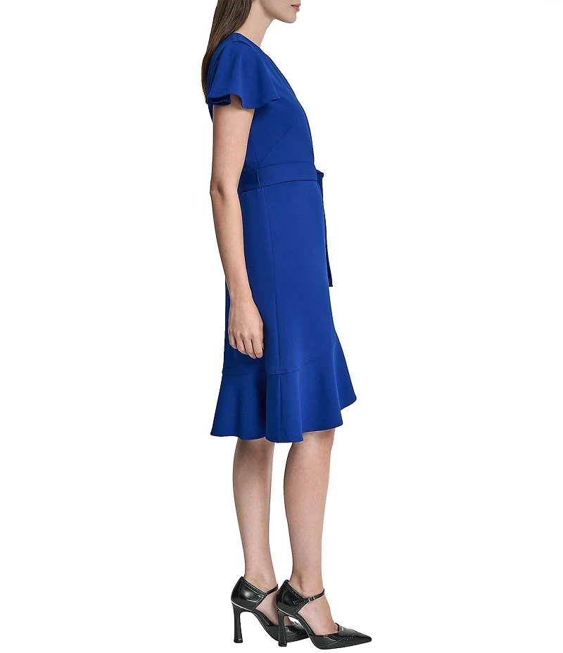 DKNY by Donna Karan Scuba Crepe V-Neck Short Flutter Sleeve Belted Faux Wrap Dress