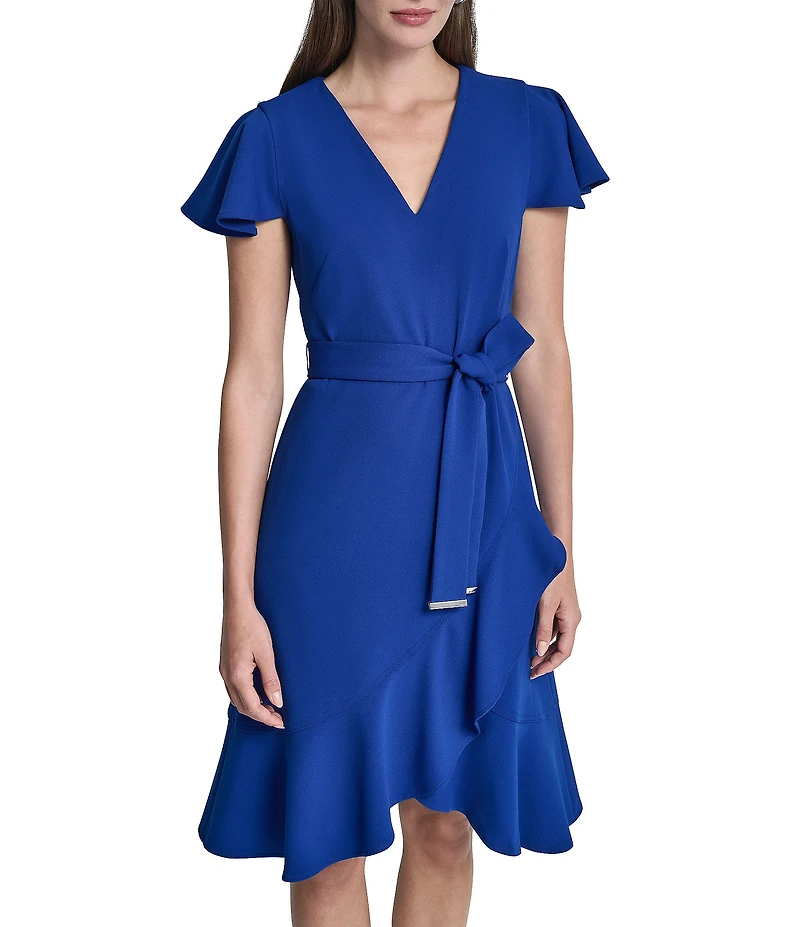 DKNY by Donna Karan Scuba Crepe V-Neck Short Flutter Sleeve Belted Faux Wrap Dress