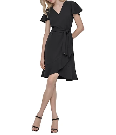 DKNY by Donna Karan Scuba Crepe V-Neck Short Flutter Sleeve Belted Faux Wrap Dress