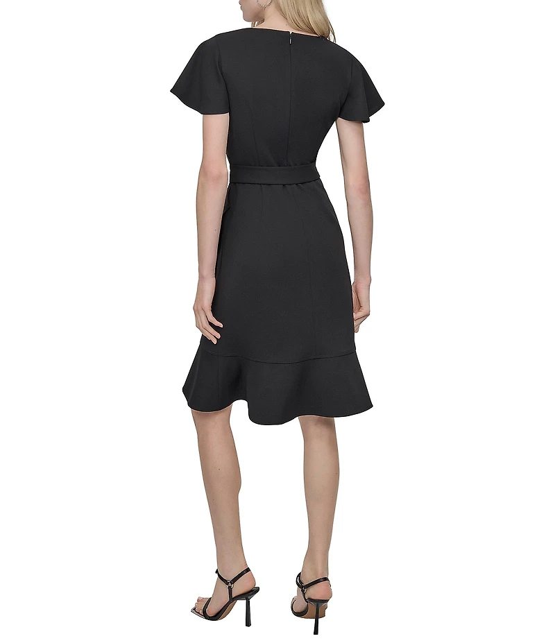 DKNY by Donna Karan Scuba Crepe V-Neck Short Flutter Sleeve Belted Faux Wrap Dress