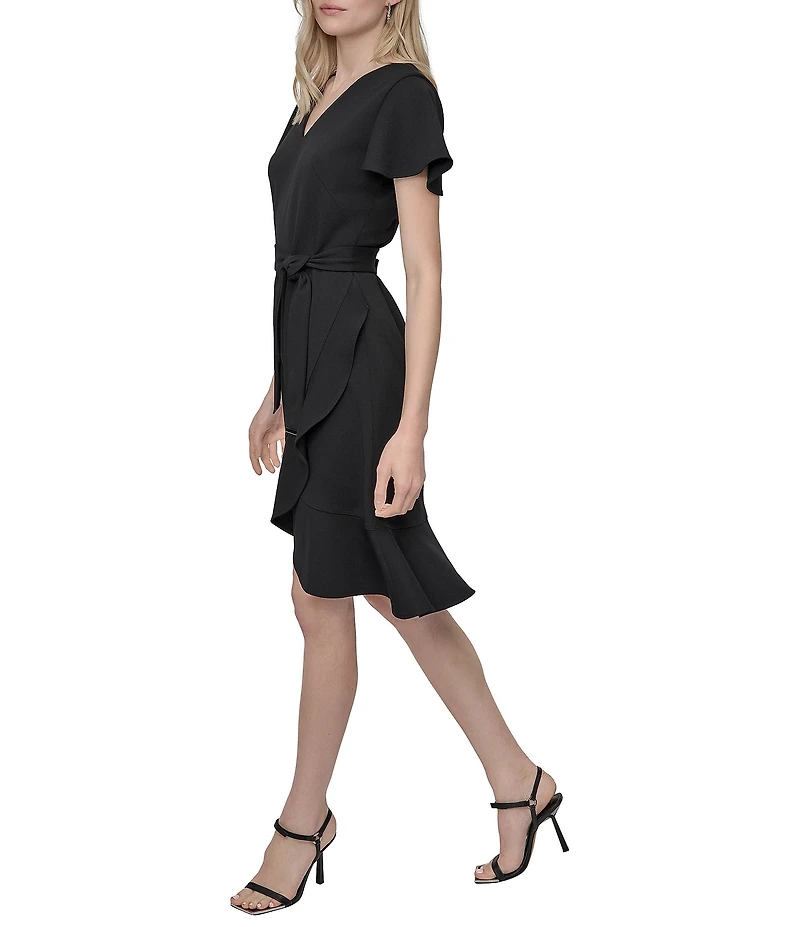 DKNY by Donna Karan Scuba Crepe V-Neck Short Flutter Sleeve Belted Faux Wrap Dress