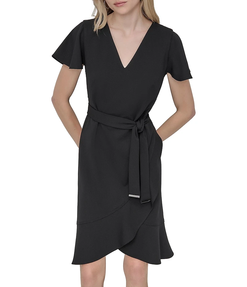 DKNY by Donna Karan Scuba Crepe V-Neck Short Flutter Sleeve Belted Faux Wrap Dress
