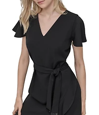 DKNY by Donna Karan Scuba Crepe V-Neck Short Flutter Sleeve Belted Faux Wrap Dress
