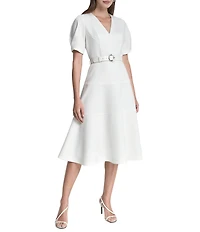 DKNY by Donna Karan Scuba Puff Sleeve Tiered Skirt Belted Midi Dress
