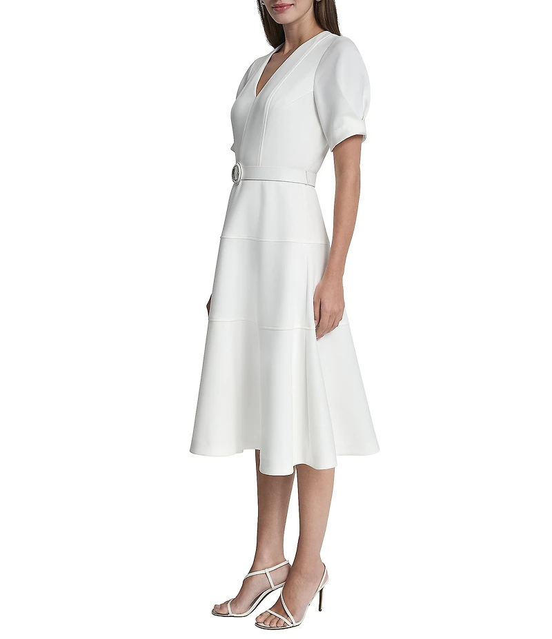 DKNY by Donna Karan Scuba Puff Sleeve Tiered Skirt Belted Midi Dress