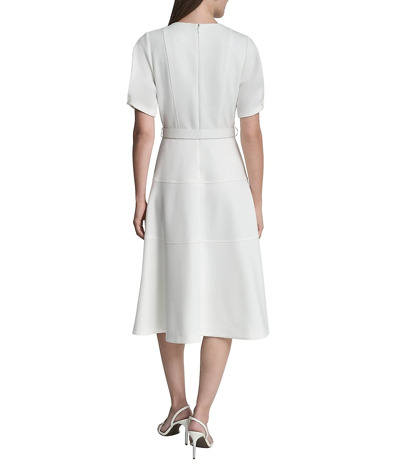 DKNY by Donna Karan Scuba Puff Sleeve Tiered Skirt Belted Midi Dress