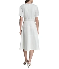 DKNY by Donna Karan Scuba Puff Sleeve Tiered Skirt Belted Midi Dress