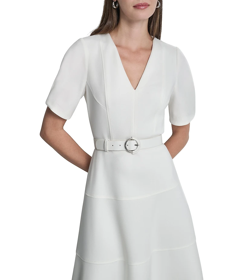 DKNY by Donna Karan Scuba Puff Sleeve Tiered Skirt Belted Midi Dress