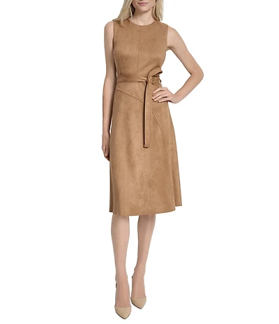DKNY by Donna Karan Scuba Suede Belted Sleeveless Midi Dress
