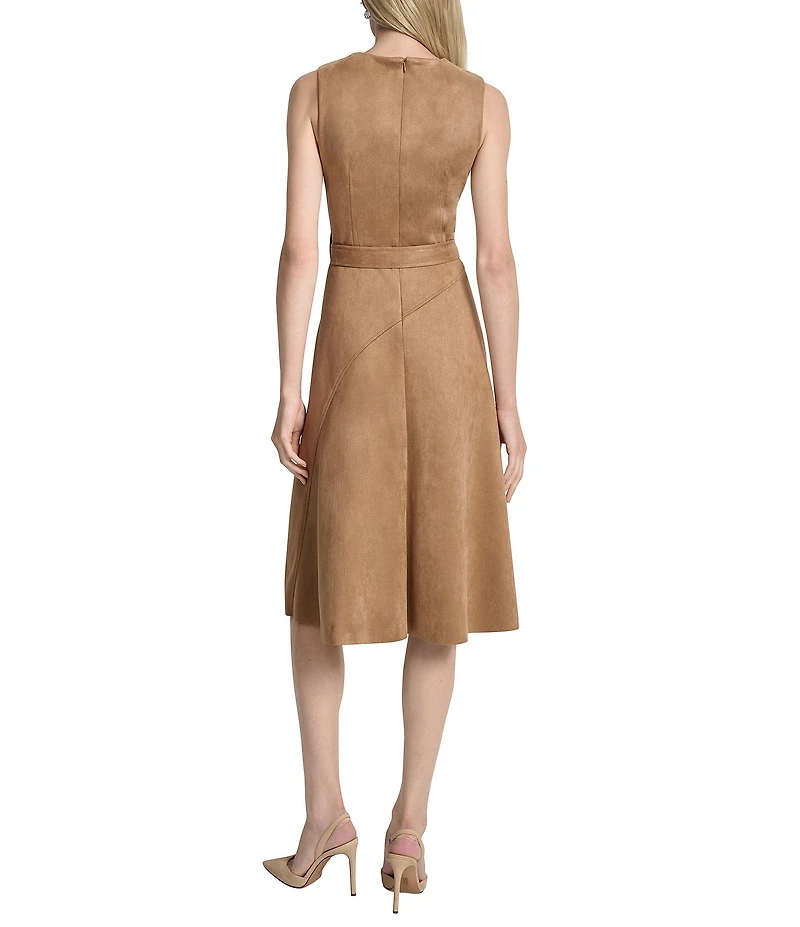 DKNY by Donna Karan Scuba Suede Belted Sleeveless Midi Dress