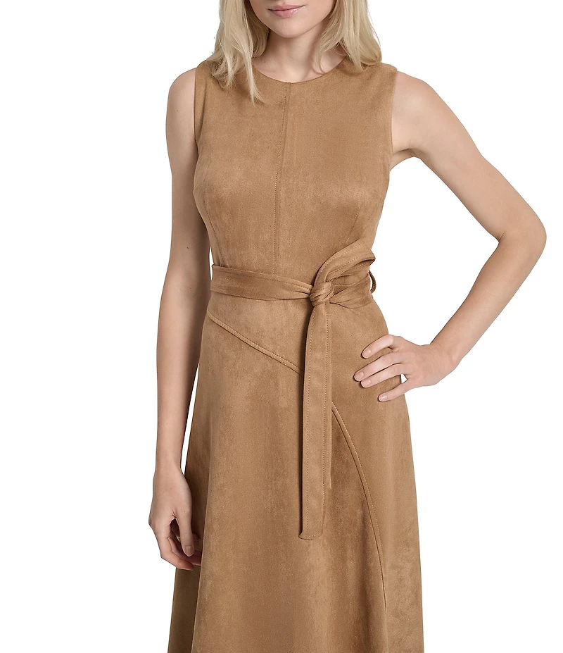 DKNY by Donna Karan Scuba Suede Belted Sleeveless Midi Dress