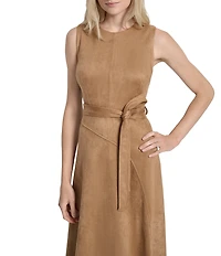 DKNY by Donna Karan Scuba Suede Belted Sleeveless Midi Dress