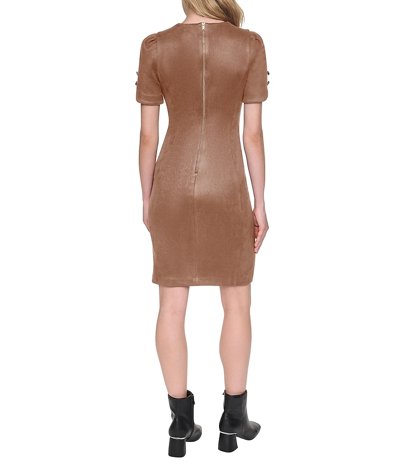 DKNY by Donna Karan Scuba Suede Short Sleeve Jewel Neck Sheath Dress