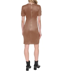 DKNY by Donna Karan Scuba Suede Short Sleeve Jewel Neck Sheath Dress