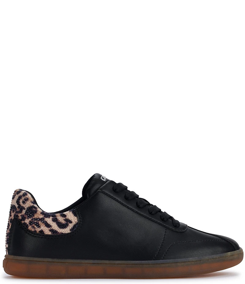 DKNY by Donna Karan Seacliff Leather Leopard Sequin Accent Lace Up Sneakers
