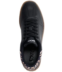 DKNY by Donna Karan Seacliff Leather Leopard Sequin Accent Lace Up Sneakers