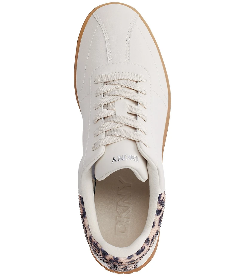 DKNY by Donna Karan Seacliff Leather Leopard Sequin Accent Lace Up Sneakers
