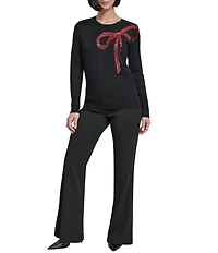 DKNY by Donna Karan Sequin Bow Crew Neck Long Sleeve Sweater