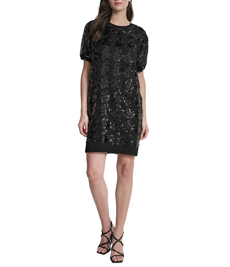 DKNY by Donna Karan Sequin Houndstooth Short Sleeve Shift Dress