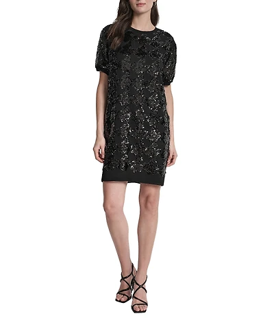 DKNY by Donna Karan Sequin Houndstooth Short Sleeve Shift Dress