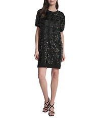 DKNY by Donna Karan Sequin Houndstooth Short Sleeve Shift Dress