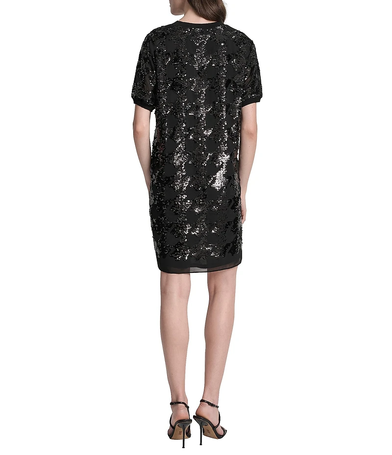DKNY by Donna Karan Sequin Houndstooth Short Sleeve Shift Dress