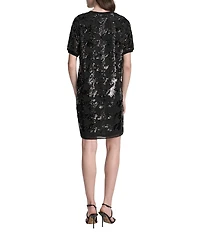 DKNY by Donna Karan Sequin Houndstooth Short Sleeve Shift Dress